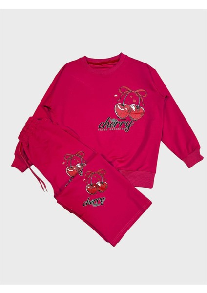 Kız Çocuk Pamuklu Pembe Kiraz Desenli Uzun Kollu Bol Paça Eşofman Takımı fiyatları