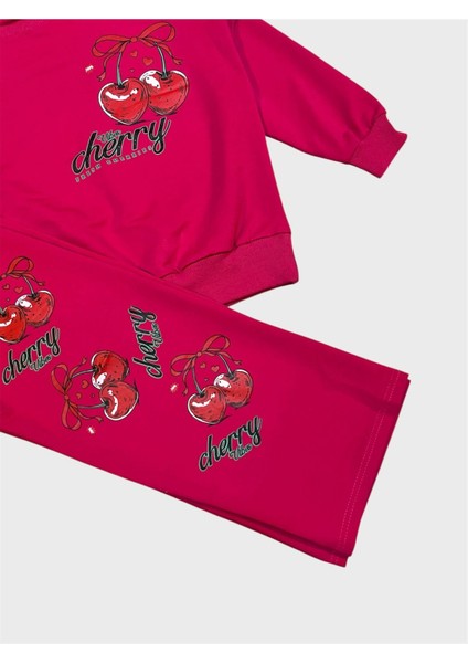 Kız Çocuk Pamuklu Pembe Kiraz Desenli Uzun Kollu Bol Paça Eşofman Takımı modelleri