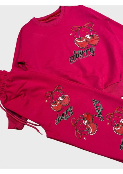 Kız Çocuk Pamuklu Pembe Kiraz Desenli Uzun Kollu Bol Paça Eşofman Takımı fırsatları