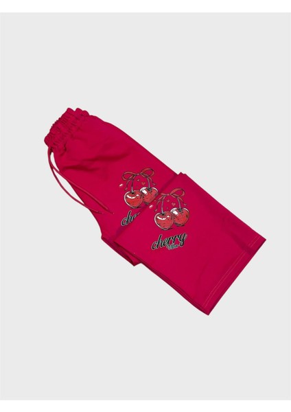 Kız Çocuk Pamuklu Pembe Kiraz Desenli Uzun Kollu Bol Paça Eşofman Takımı indirimleri