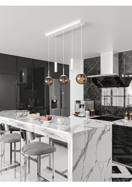 Nara Beyaz Metal Gövdeli 5'li Modern Sıralı Sarkıt Avize- 2 Spot LED 3 Bal Cam Küre Avize