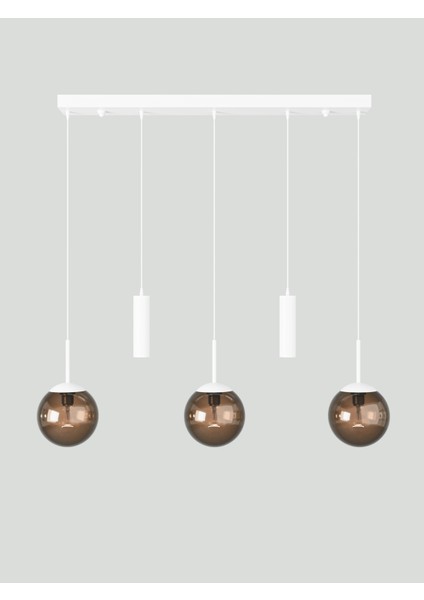 Nara Beyaz Metal Gövdeli 5'li Modern Sıralı Sarkıt Avize- 2 Spot LED 3 Bal Cam Küre Avize fiyatları