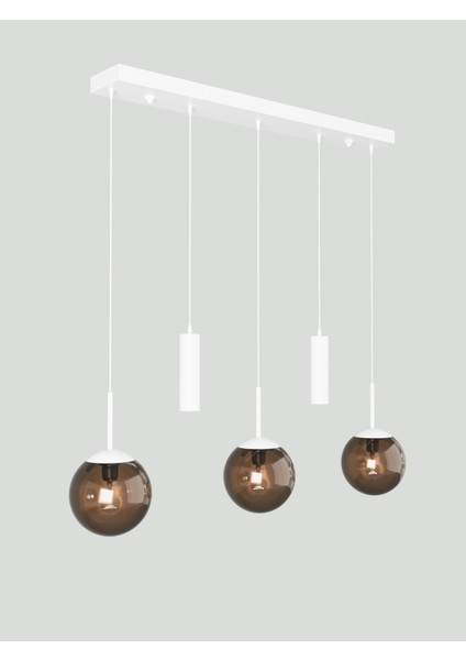 Nara Beyaz Metal Gövdeli 5'li Modern Sıralı Sarkıt Avize- 2 Spot LED 3 Bal Cam Küre Avize modelleri