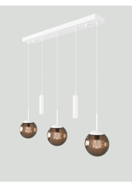 Nara Beyaz Metal Gövdeli 5'li Modern Sıralı Sarkıt Avize- 2 Spot LED 3 Bal Cam Küre Avize fırsatları