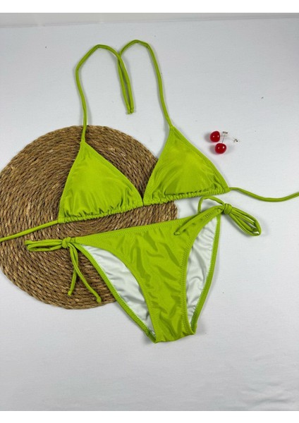 Açık Yeşil Boyundan Bağlamalı Şık Üçgen Kadın Bikini Takımı fiyatları