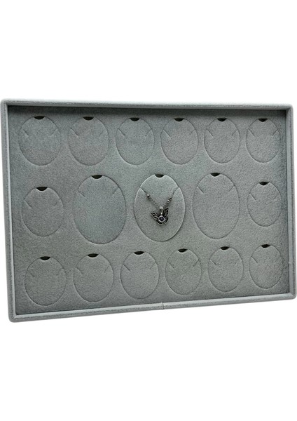 Süet Kumaş Gri 34-24 cm Ayaklı 17 Pedli Kolye Tabla Stand
