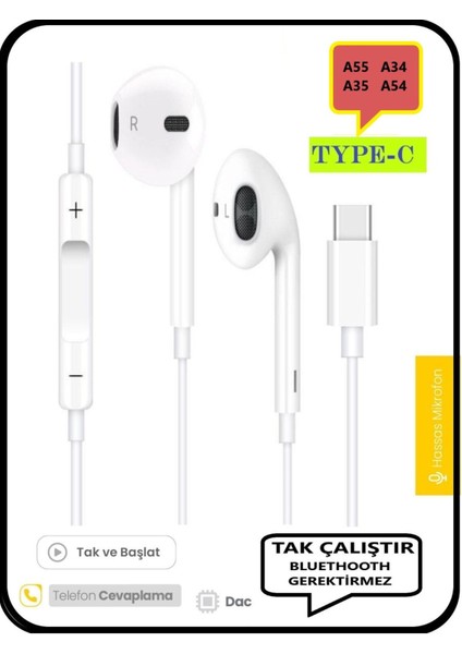 Samsung Galaxy A55 A35 A34 A54 Kulaklık Type C Kablolu Kulaklık Dac Çipli Tak Çalıştır