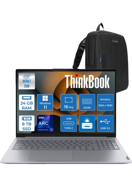 Thinkbook 16 Gen 8 Ial Intel Core Ultra 7 255H 24GB Ddr5 8tb SSD Windows 11 Home Intel Arc 140T 16 Inç Wuxga (1920 x 1200) IPS 300NITS Taşınabilir Bilgisayar 21SK007UTXH14 + Zetta Çanta