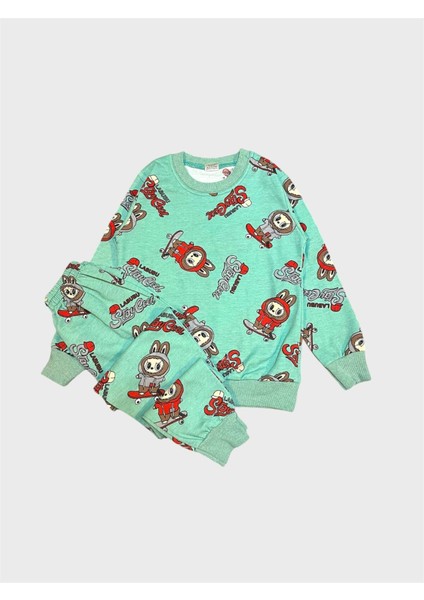 Erkek Çocuk Pamuklu Yeşil Labubu Desenli Uzun Kollu Mevsimlik Pijama Takımı