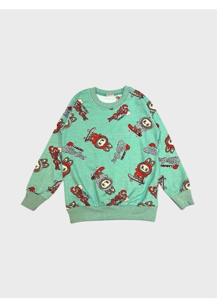 Erkek Çocuk Pamuklu Yeşil Labubu Desenli Uzun Kollu Mevsimlik Pijama Takımı modelleri