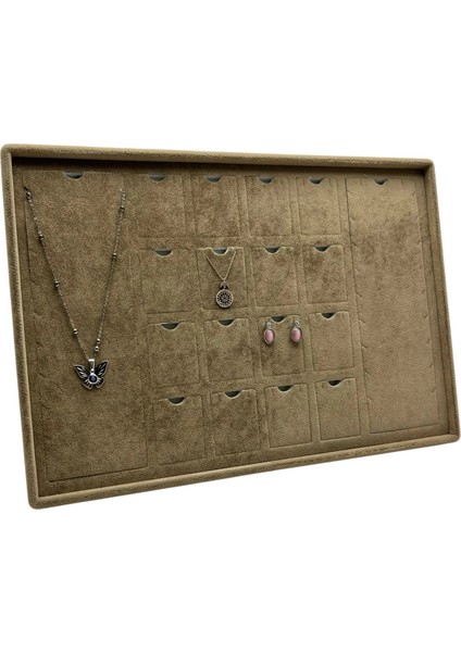 Süet Kumaş Kahve 34-24 cm Ayaklı 18 Pedli Kolye Tabla Stand