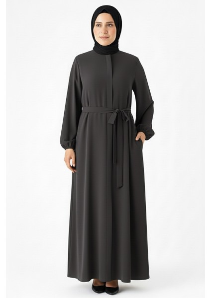 Mismoly Medine Ipeği Mevlana Kesim Cepli Kuşaklı Bol Ferace Gri