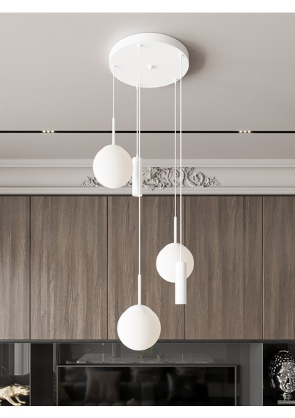 Vienna Modern Beyaz Metal Gövdeli 5'li Sarkıt Avize - 3 Füme Cam Küre 2 LED Spot, E27 DUY-G10 Duy