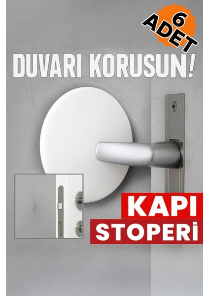 6 Adet Beyaz Yapışkanlı Kapı Kolu Stoperi – Duvar Koruyucu Tampon, Durdurucu Tutucu