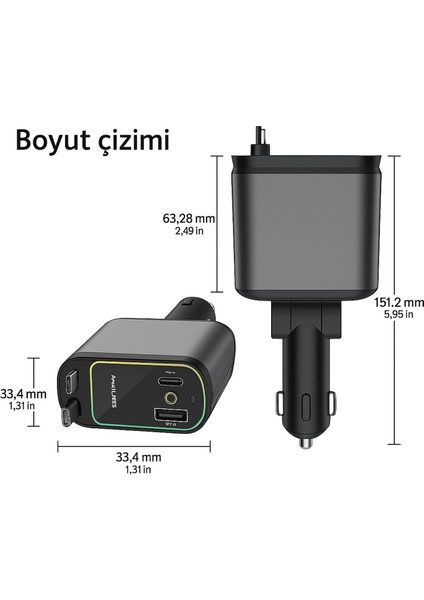Araba Çakmaklık Şarjı 4 In 1 Geri Çekilebilir Kablolu Voltaj Göstergeli Süper Hızlı - Yıldız Tavanlı 95W 2.4A USB - 3A Type-C modelleri