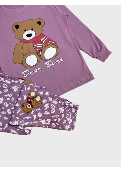 Kız Çocuk Pamuklu Lila Renk Ayıcık Desenli Uzun Kollu Pijama Takımı fiyatları
