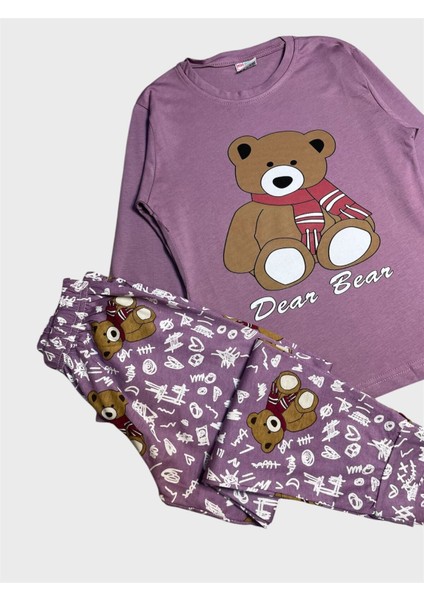 Kız Çocuk Pamuklu Lila Renk Ayıcık Desenli Uzun Kollu Pijama Takımı modelleri