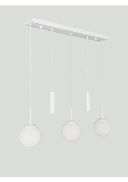 Nara Beyaz Metal Gövdeli 5'li Modern Sıralı Sarkıt Avize- 2 Spot LED 3 Bal Cam Küre Avize modelleri