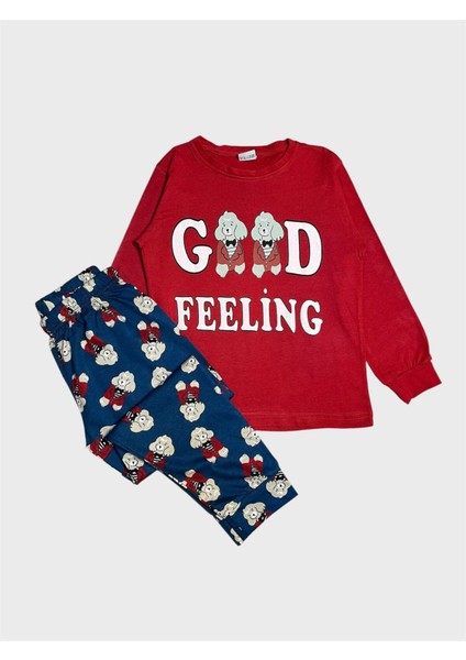 Erkek Çocuk Pamuklu Bordo Renk Sevimli Köpekler Desenli Uzun Kollu Pijama Takımı