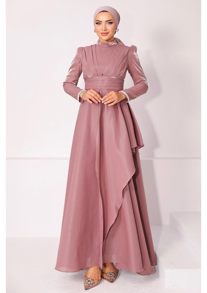 Kol Ağzı Taş İşlemeli Pile ve Volan Detaylı Tafta Saten Tesettür Abiye Elbise GÜL 1215