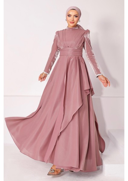 Kol Ağzı Taş İşlemeli Pile ve Volan Detaylı Tafta Saten Tesettür Abiye Elbise GÜL 1215
