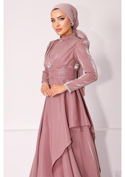 Kol Ağzı Taş İşlemeli Pile ve Volan Detaylı Tafta Saten Tesettür Abiye Elbise GÜL 1215