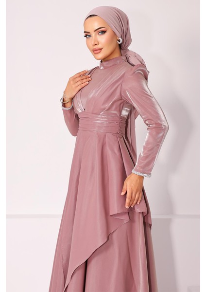 Kol Ağzı Taş İşlemeli Pile ve Volan Detaylı Tafta Saten Tesettür Abiye Elbise GÜL 1215