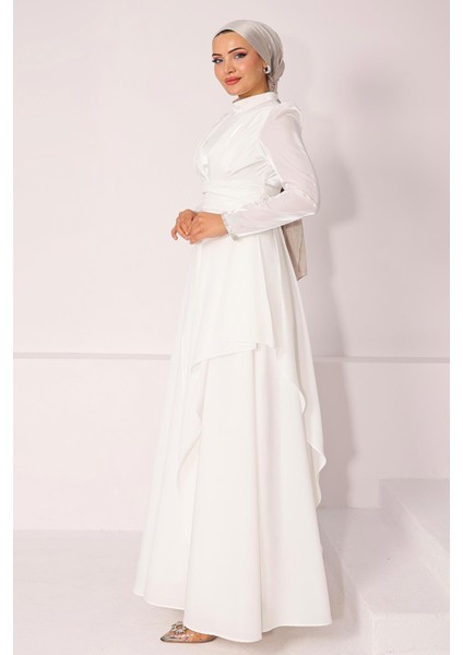 Kol Ağzı Taş İşlemeli Pile ve Volan Detaylı Tafta Saten Tesettür Abiye Elbise BEYAZ 1215