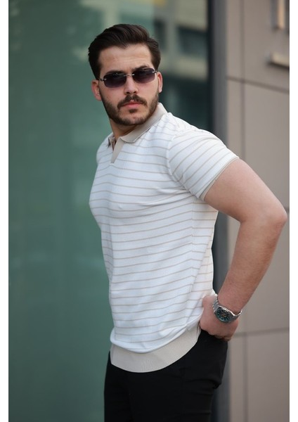 Erkek Kısa Kollu Çizgi Desenli Örme Kumaş Tshirt