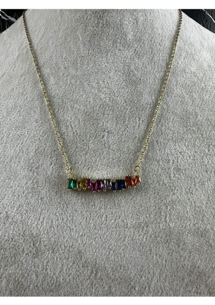 Renkli Taşlı Çelik Kolye Gold fiyatları