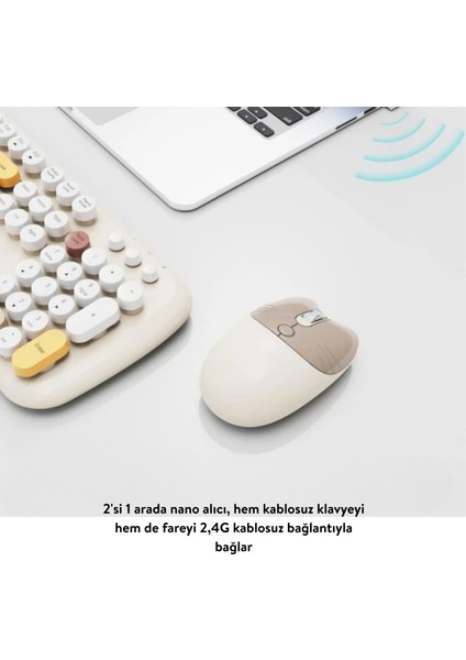 Kablosuz Klavye ve Mouse Set Renkli Sevimli 100 Tuşlu Pc Notebook Laptop Uyumlu Klavye ve Fare Ev Ofis Kullanımına Uygun Ingilizce Q Klavye