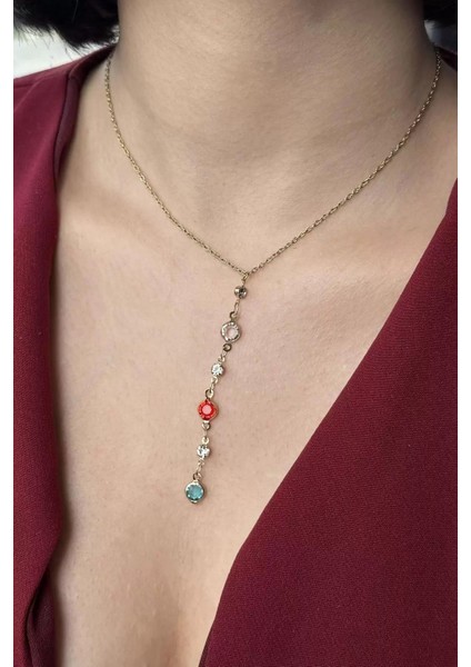 Renkli Taşlı Çelik Y Kolye