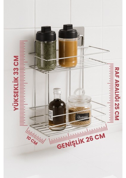 2 Katlı Krom Mutfak Askısı, Baharatlık Rafı - Duvara Monte, Yapıştır/vidala, Paslanmaz Metal 26 x 33CM (Tş-02) fiyatları