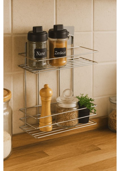 2 Katlı Krom Mutfak Askısı, Baharatlık Rafı - Duvara Monte, Yapıştır/vidala, Paslanmaz Metal 26 x 33CM (Tş-02) modelleri