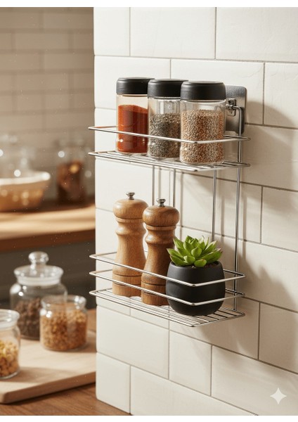 2 Katlı Krom Mutfak Askısı, Baharatlık Rafı - Duvara Monte, Yapıştır/vidala, Paslanmaz Metal 26 x 33CM (Tş-02) indirimleri