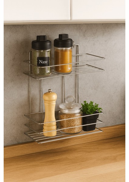 2 Katlı Krom Mutfak Askısı, Baharatlık Rafı - Duvara Monte, Yapıştır/vidala, Paslanmaz Metal 26 x 33CM (Tş-02)