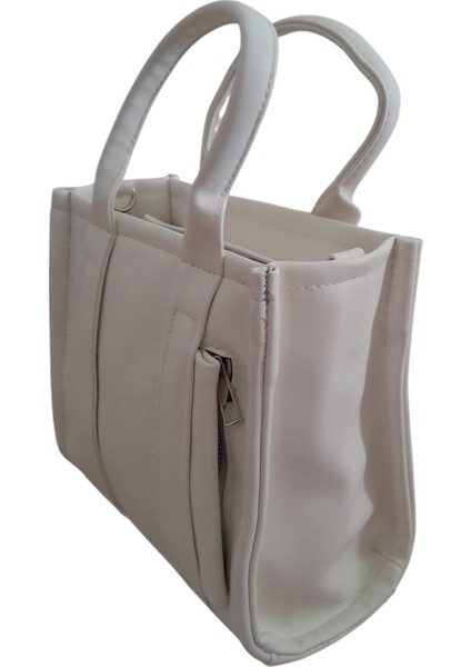 Kadın Şık Suni Deri Fermuarlı Beyaz Omuz ve El Çantası