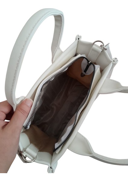 Kadın Şık Suni Deri Fermuarlı Beyaz Omuz ve El Çantası