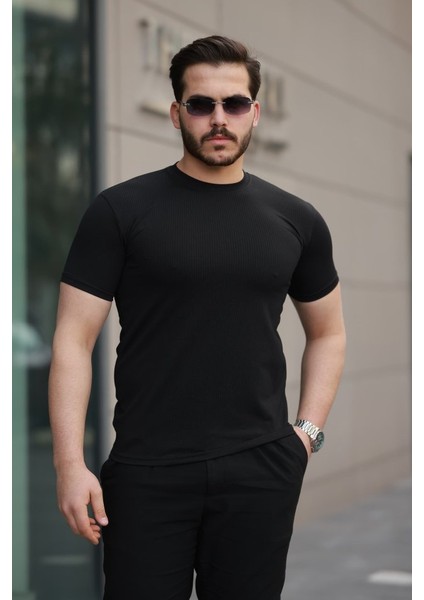 Erkek Kısa Kollu Çizgi Kabartma Detaylı T-Shirt