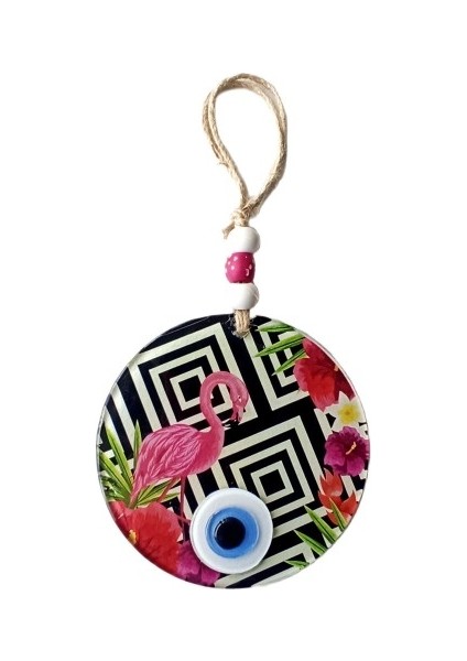 Pembe Flamingolu Çiçekli Nazar Boncuklu 15 Santimetre Çapında Duvar Süsü fiyatları