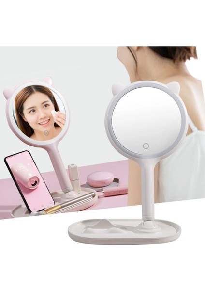 Buffer® Kedi Kulaklı Telefon Standlı Yuvarlak Dokunmatik LED Ayarlı Masa Üstü Makyaj Aynası