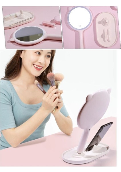 Buffer® Kedi Kulaklı Telefon Standlı Yuvarlak Dokunmatik LED Ayarlı Masa Üstü Makyaj Aynası fırsatları