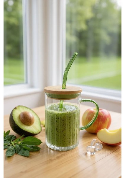 Bambu Kapaklı Cam Pipetli Kupa - 420ML- Siyah