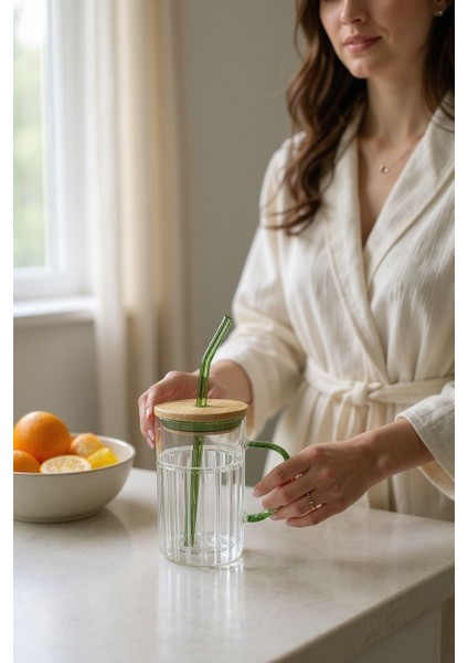 Bambu Kapaklı Cam Pipetli Kupa - 420ML- Siyah fiyatları