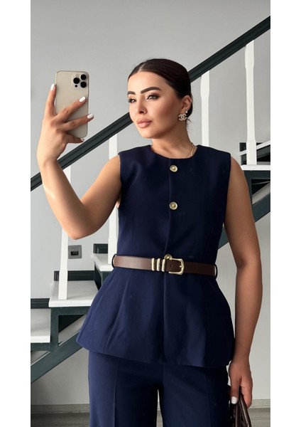 Lacivert Kemerli Gold Düğme Duble Crep Yelek fırsatları