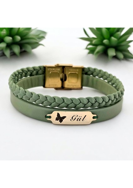 14 Ayar Altın Plakalı Gül Ismine Özel Doğal Yeşil Derili Kelebek Figürlü Hediye BILEKLIK-660ISIM fiyatları