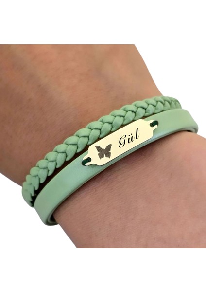 14 Ayar Altın Plakalı Gül Ismine Özel Doğal Yeşil Derili Kelebek Figürlü Hediye BILEKLIK-660ISIM fırsatları