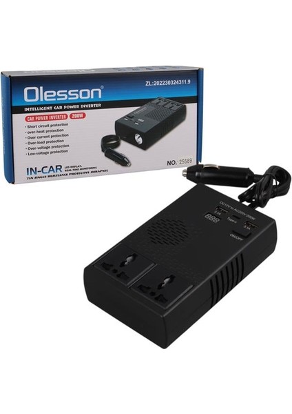 Olesson 1664 Dc 12-24V 200W Oto Araç Power Inverter 1x Çakmak Girişi - 1x Type-C - 2x USB - 2x 220V Üniversal Priz indirimleri