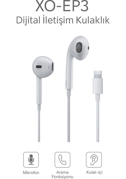 iPhone Için Lightning Girişli Kablolu Kulaklık – Tak-Çalıştır & Mikrofonlu Ep3