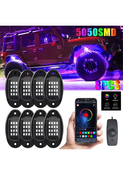 8 Pod Rgb LED Kaya Işıkları Kiti Alt Aydınlatmalı Çok Renkli Neon Işık Pod'u Bluetooth Uygulama Kontrolü ile Kamyon, Atv, Utv, Suv Için (Yurt Dışından)